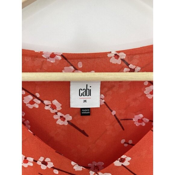Cabi Chiffon Cherry Blossom Orange Red Floral Split Short Sleeve Top Sz M #5712 - Picture 4 of 10